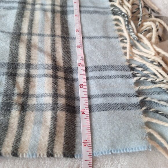 V. Fraas Cashmink Blue & Beige Plaid Design Fringe Scarf Wrap Made In Germany OS - Picture 7 of 7